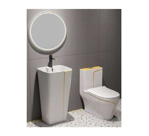 Bộ bồn cầu 1 khối ST-1029WGL + chậu rửa SSB-301WGL trắng viền vàng cao cấp