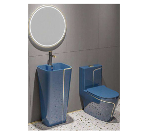 Bộ bồn cầu 1 khối ST-1029BGL1 + chậu rửa SSB-301BGL1 màu xanh dương viền vàng nổi bật