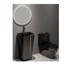 Bộ bồn cầu 1 khối ST-1029BGL + chậu rửa SSB-301BGL màu đen viền vàng sang trọng